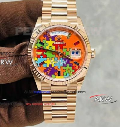 Super Clone Rolex Day Date 36mm Emoji Puzzle Rose Gold Watch 